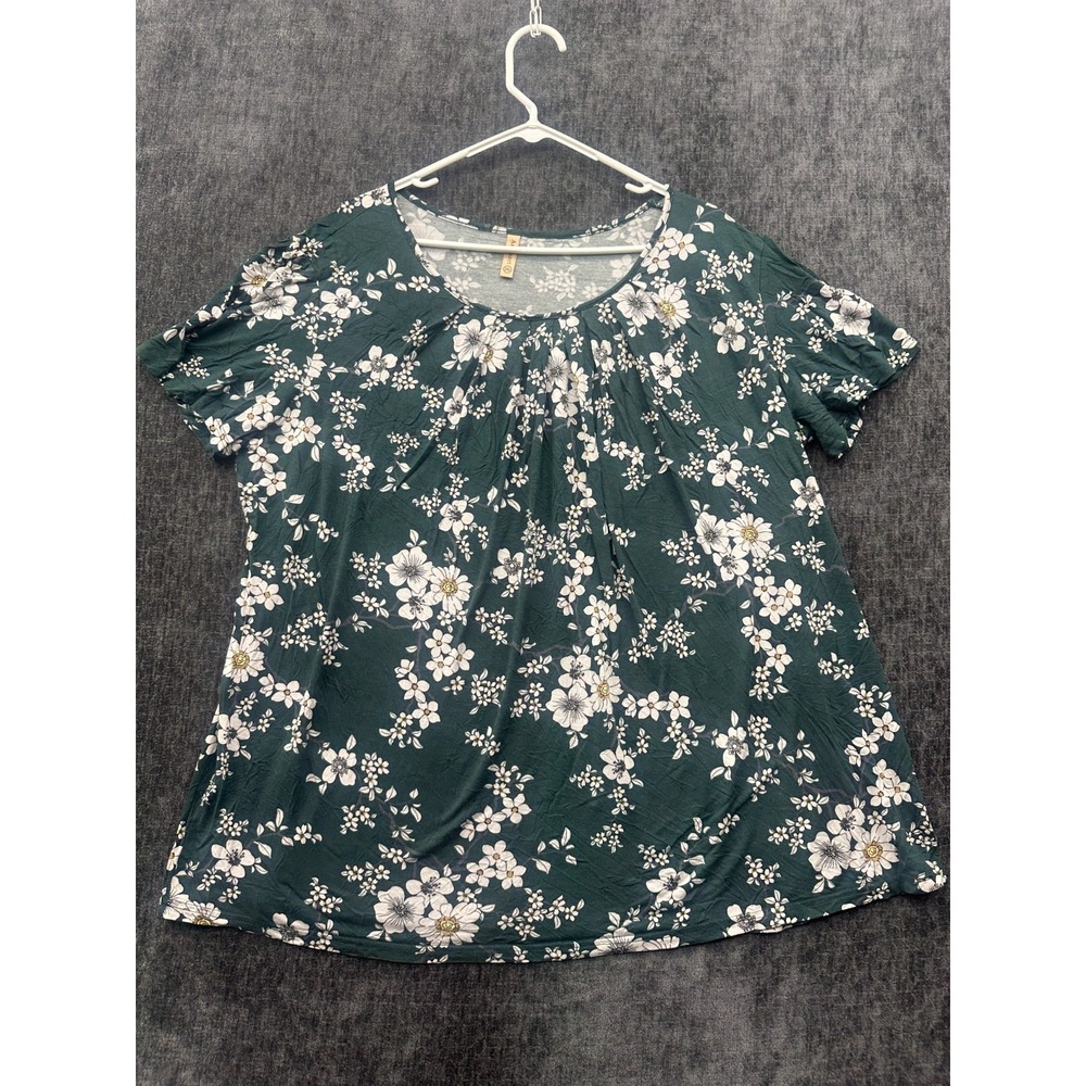 Anymeet Blouse Top Women's 3XL Green Floral Boho Casual Pleated Short Sleeve